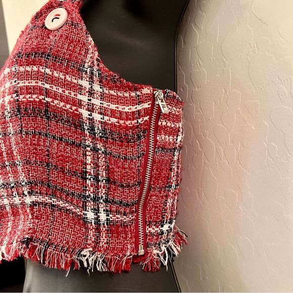 Fila Jester Italia Plaid Tweed Red White Square Neck Crop Tank Top Raw Hem XS - Picture 8 of 11